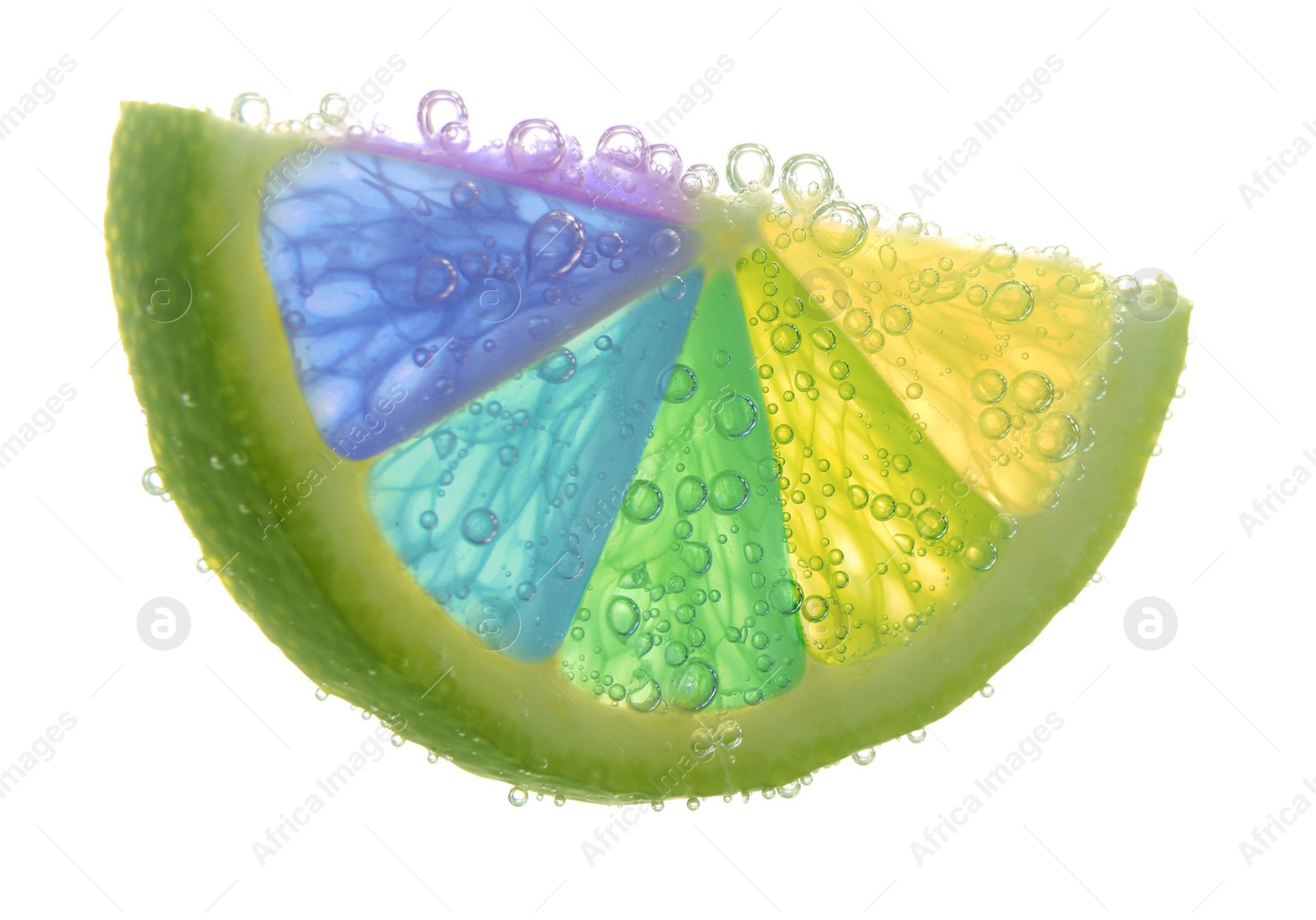 Fresh lime slice with rainbow segments and water bubbles on white background. Brighten your life Image of Fresh lime slice with rainbow segments and water bubbles on white background. Brighten your life