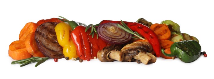 Different delicious grilled vegetables on white background. Banner design Photo of Different delicious grilled vegetables on white background. Banner design