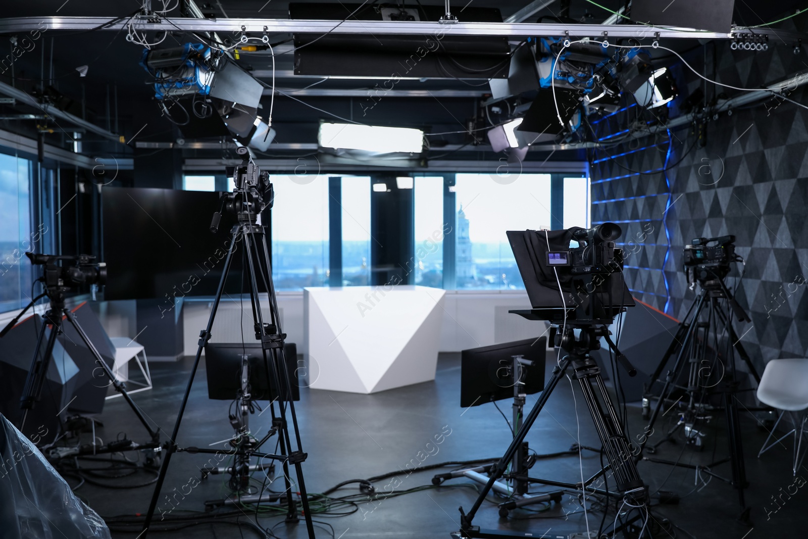 Modern video recording studio with professional cameras Photo of Modern video recording studio with professional cameras