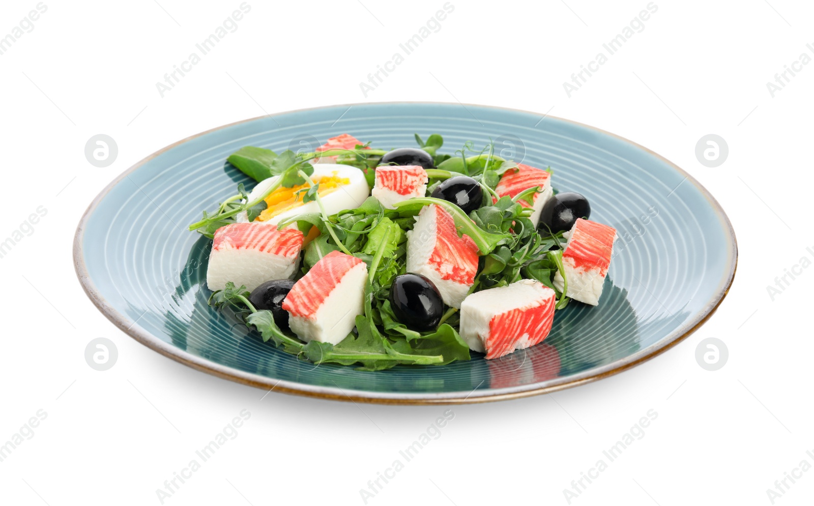 Delicious crab stick salad isolated on white Photo of Delicious crab stick salad isolated on white
