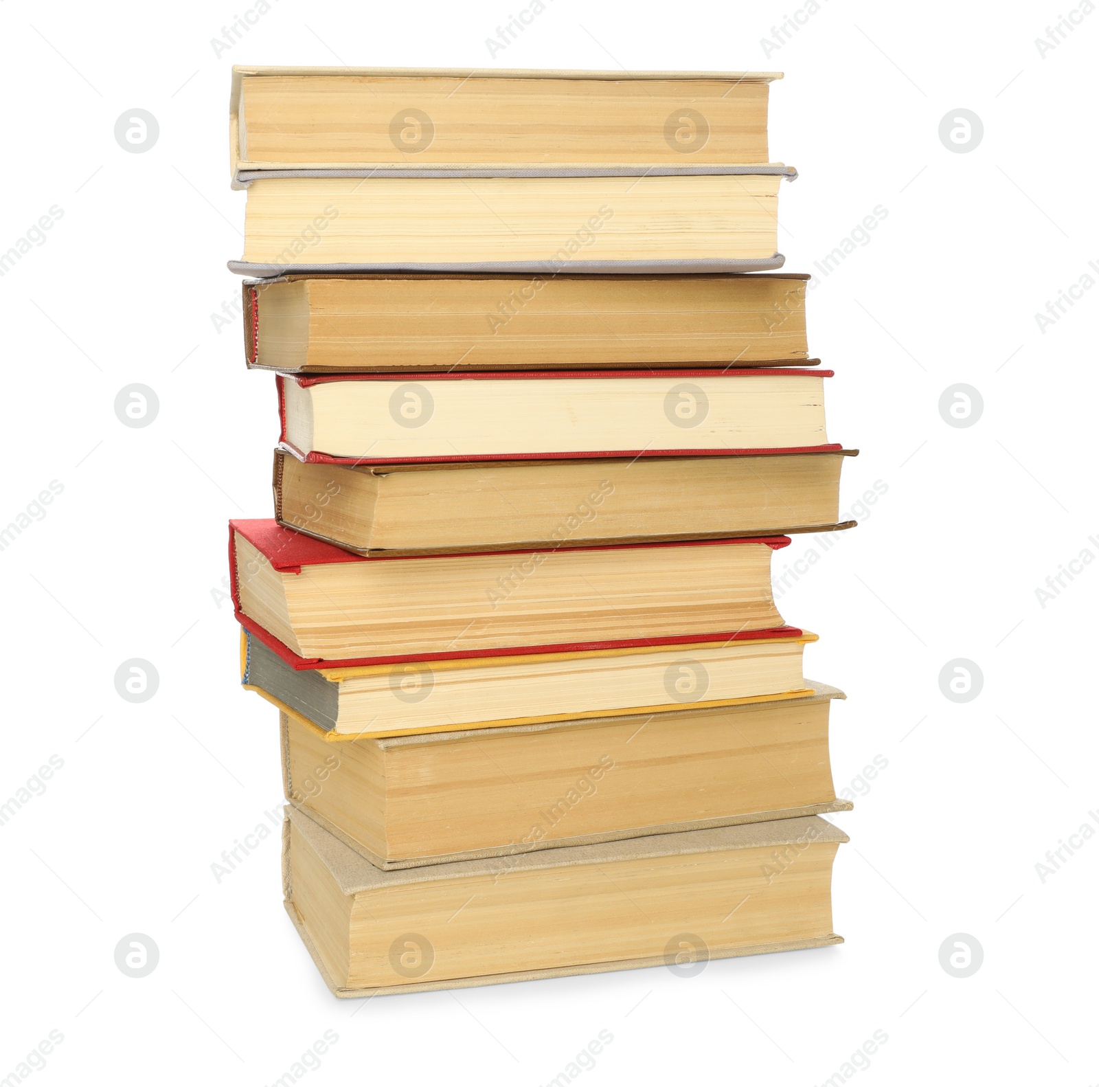 Stack of library books on white background Photo of Stack of library books on white background