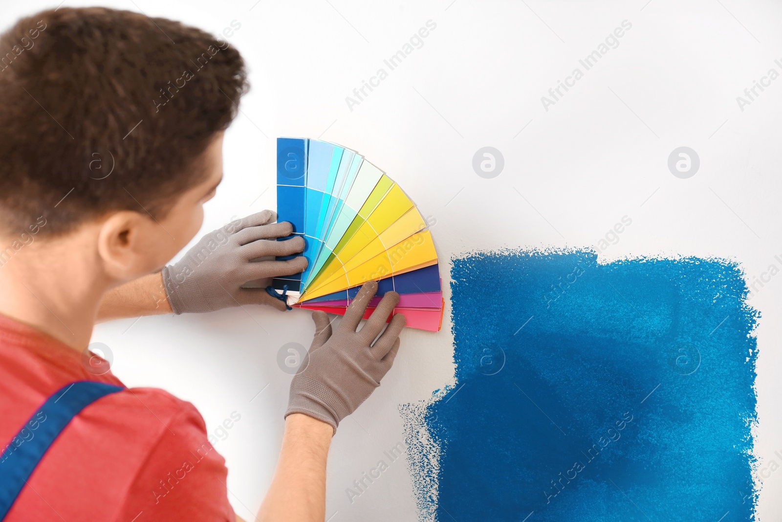 Male decorator holding color palette samples, closeup Photo of Male decorator holding color palette samples, closeup