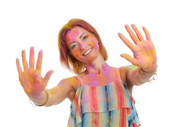 Woman covered with colorful powder dyes on white background. Holi festival celebration Photo of Woman covered with colorful powder dyes on white background. Holi festival celebration
