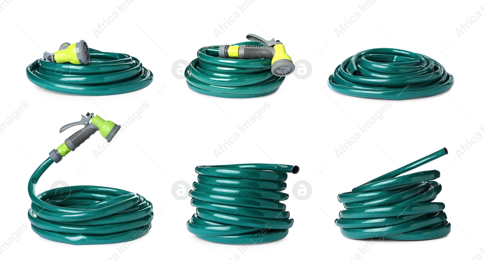 Set with green rubber watering hoses on white background Image of Set with green rubber watering hoses on white background