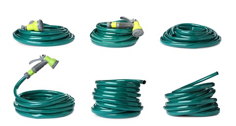 Set with green rubber watering hoses on white background Image of Set with green rubber watering hoses on white background