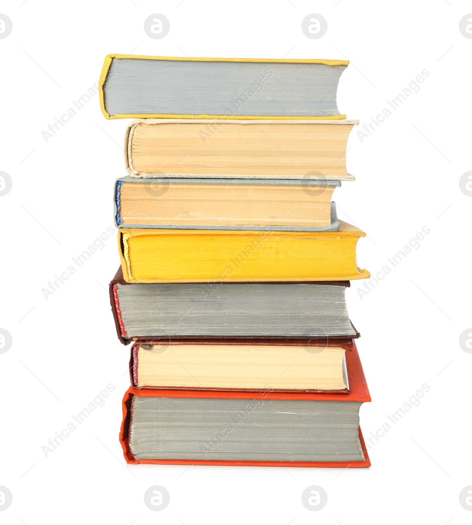 Stack of library books on white background Photo of Stack of library books on white background