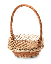 Empty wicker basket isolated on white. Easter item Photo of Empty wicker basket isolated on white. Easter item