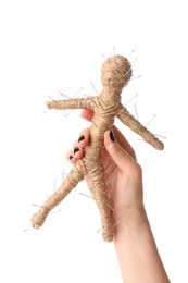 Woman holding voodoo doll with pins on white background, closeup Photo of Woman holding voodoo doll with pins on white background, closeup