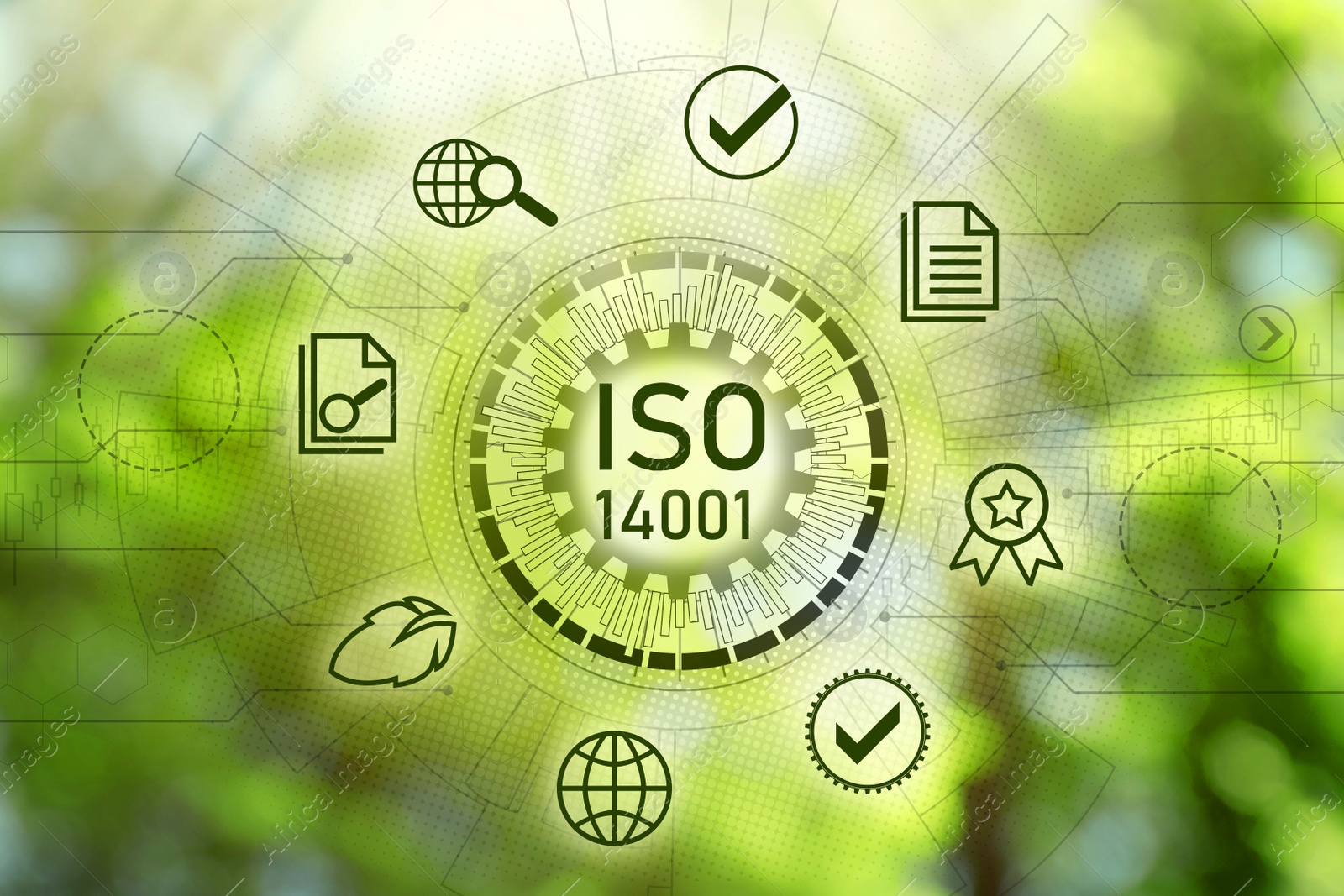 International Organization for Standardization (ISO 14001). Different virtual icons on blurred green background Image of International Organization for Standardization (ISO 14001). Different virtual icons on blurred green background