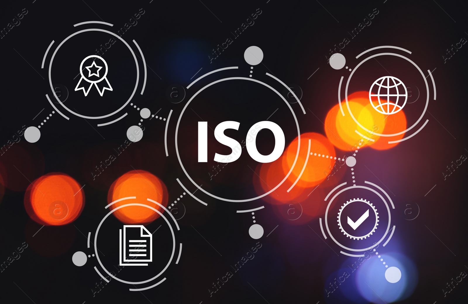International Organization for Standardization (ISO). Different virtual icons on dark background Illustration of International Organization for Standardization (ISO). Different virtual icons on dark background