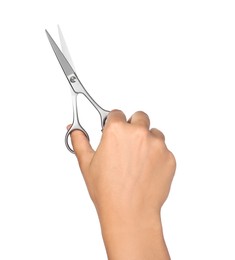 Hairdresser holding professional scissors isolated on white, closeup. Haircut tool Photo of Hairdresser holding professional scissors isolated on white, closeup. Haircut tool