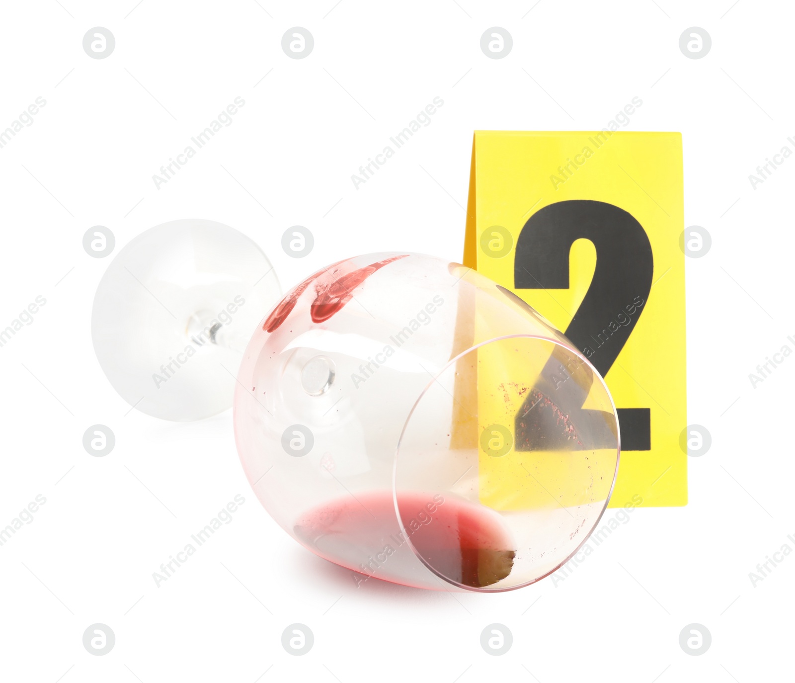 Wine glass with fingerprints and crime scene marker with number two isolated on white Photo of Wine glass with fingerprints and crime scene marker with number two isolated on white