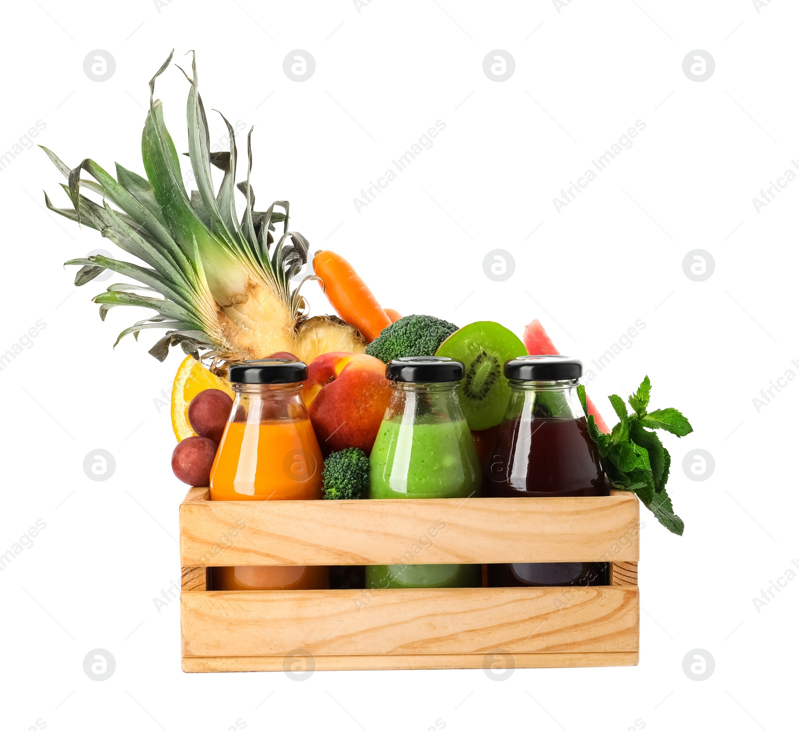 Bottles with delicious colorful juices and fresh ingredients in wooden crate on white background Photo of Bottles with delicious colorful juices and fresh ingredients in wooden crate on white background