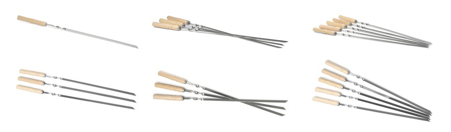 Set with metal skewers on white background. Banner design Image of Set with metal skewers on white background. Banner design