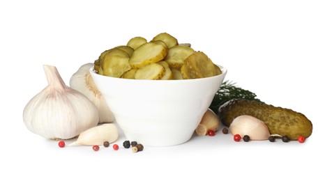 Photo of Tasty pickled cucumbers, garlic and dill on white background