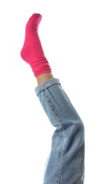 Woman wearing bright sock on white background, closeup Photo of Woman wearing bright sock on white background, closeup