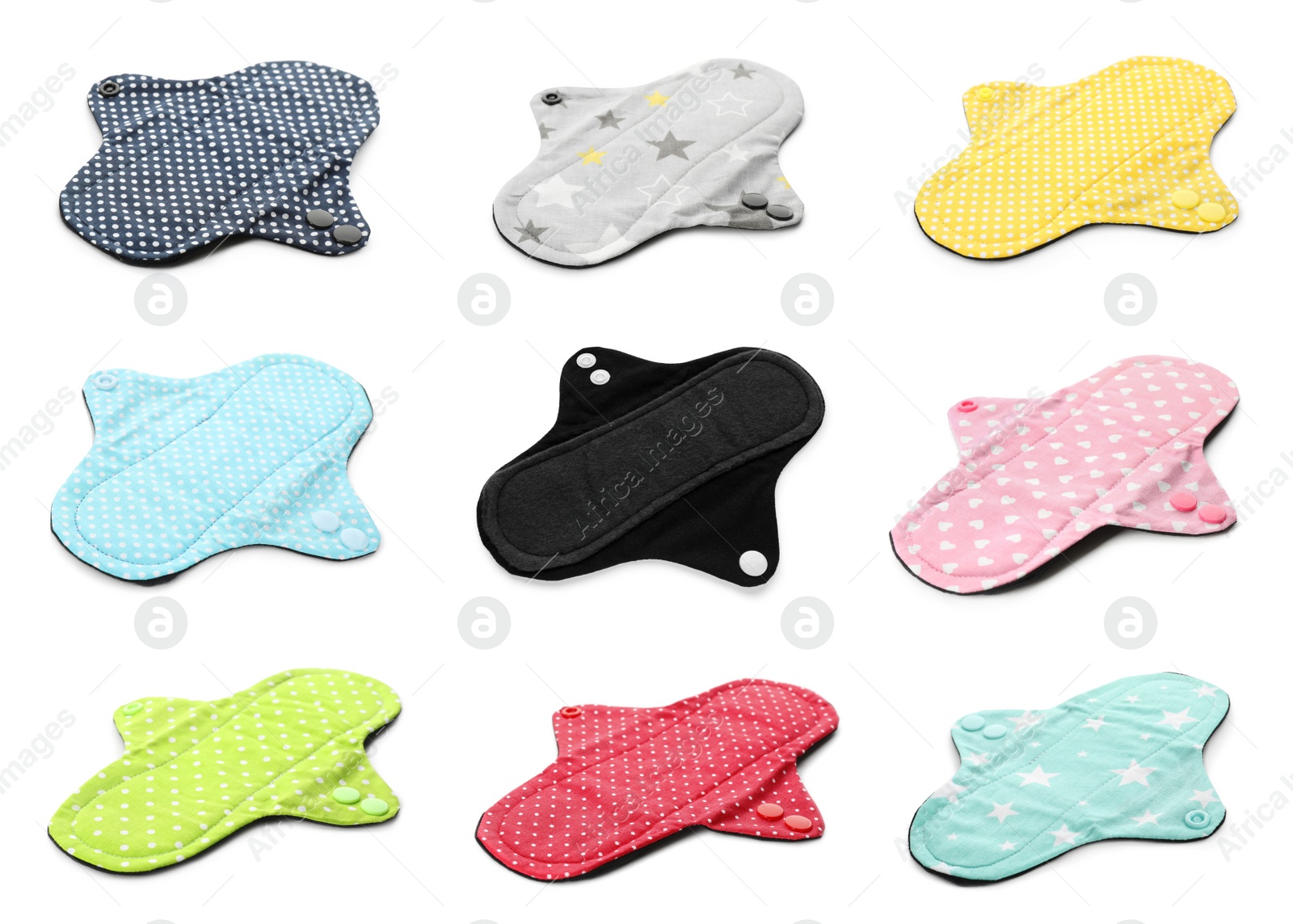 Image of Set with different cloth menstrual pads on white background 