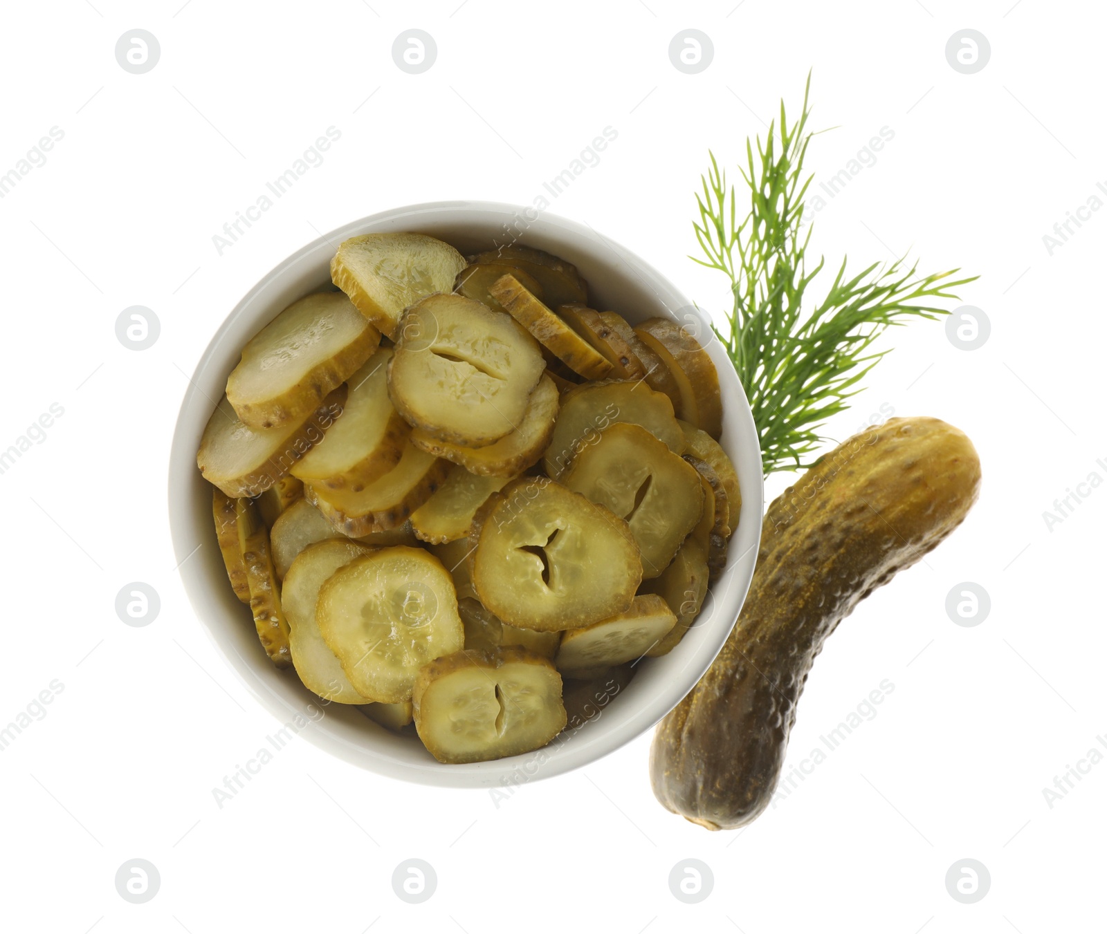 Photo of Tasty pickled cucumbers and dill on white background, top view