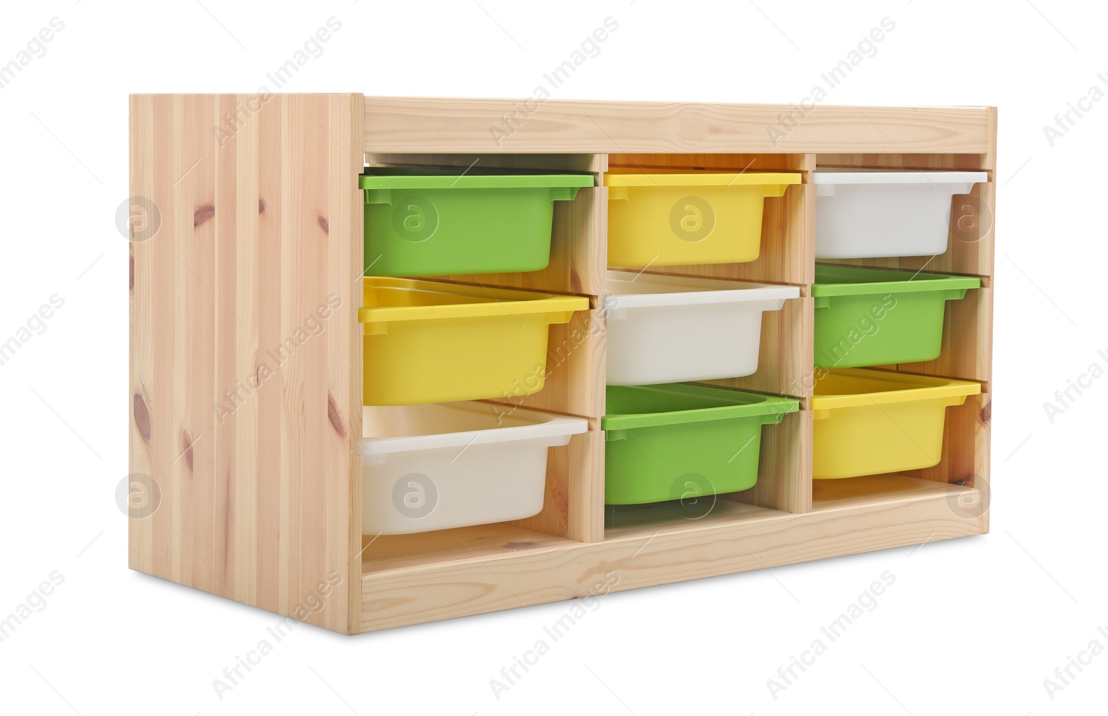 Empty wooden shelving unit isolated on white Photo of Empty wooden shelving unit isolated on white