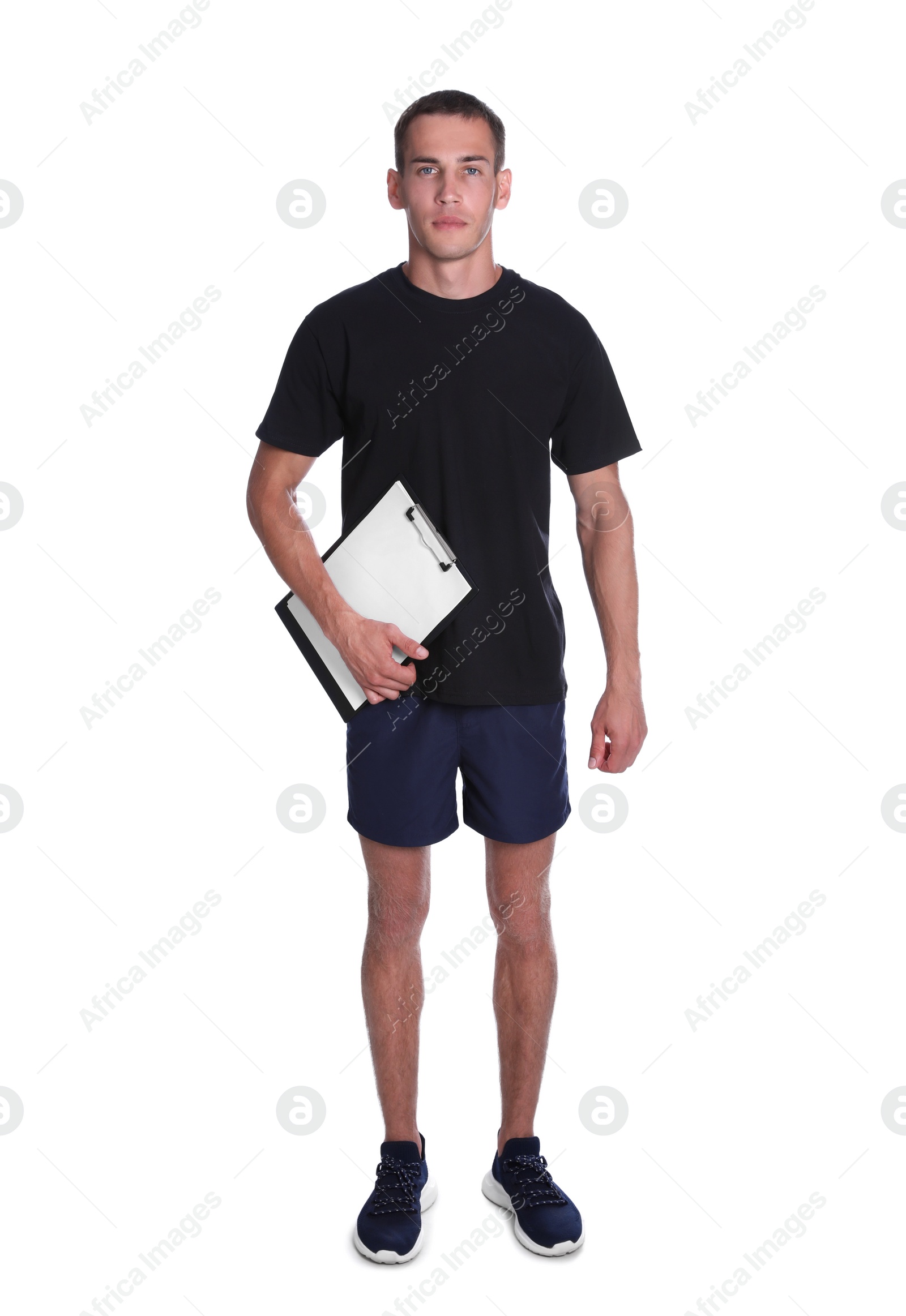 Portrait of personal trainer with clipboard on white background. Gym instructor Photo of Portrait of personal trainer with clipboard on white background. Gym instructor