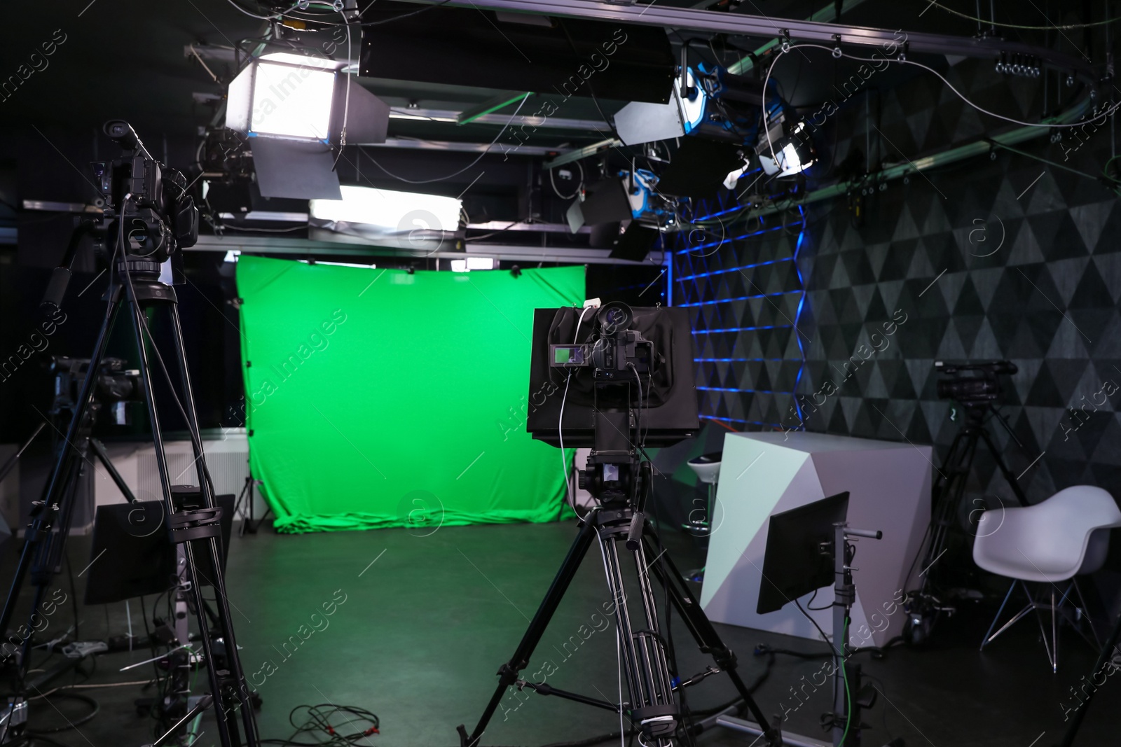Modern video recording studio with professional cameras Photo of Modern video recording studio with professional cameras