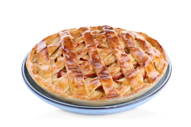 Delicious traditional apple pie isolated on white Photo of Delicious traditional apple pie isolated on white