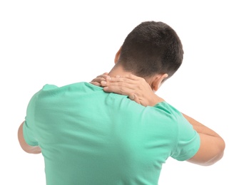 Photo of Young man suffering from neck pain on white background