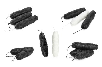 Set with rolls of natural dental floss on white background Image of Set with rolls of natural dental floss on white background