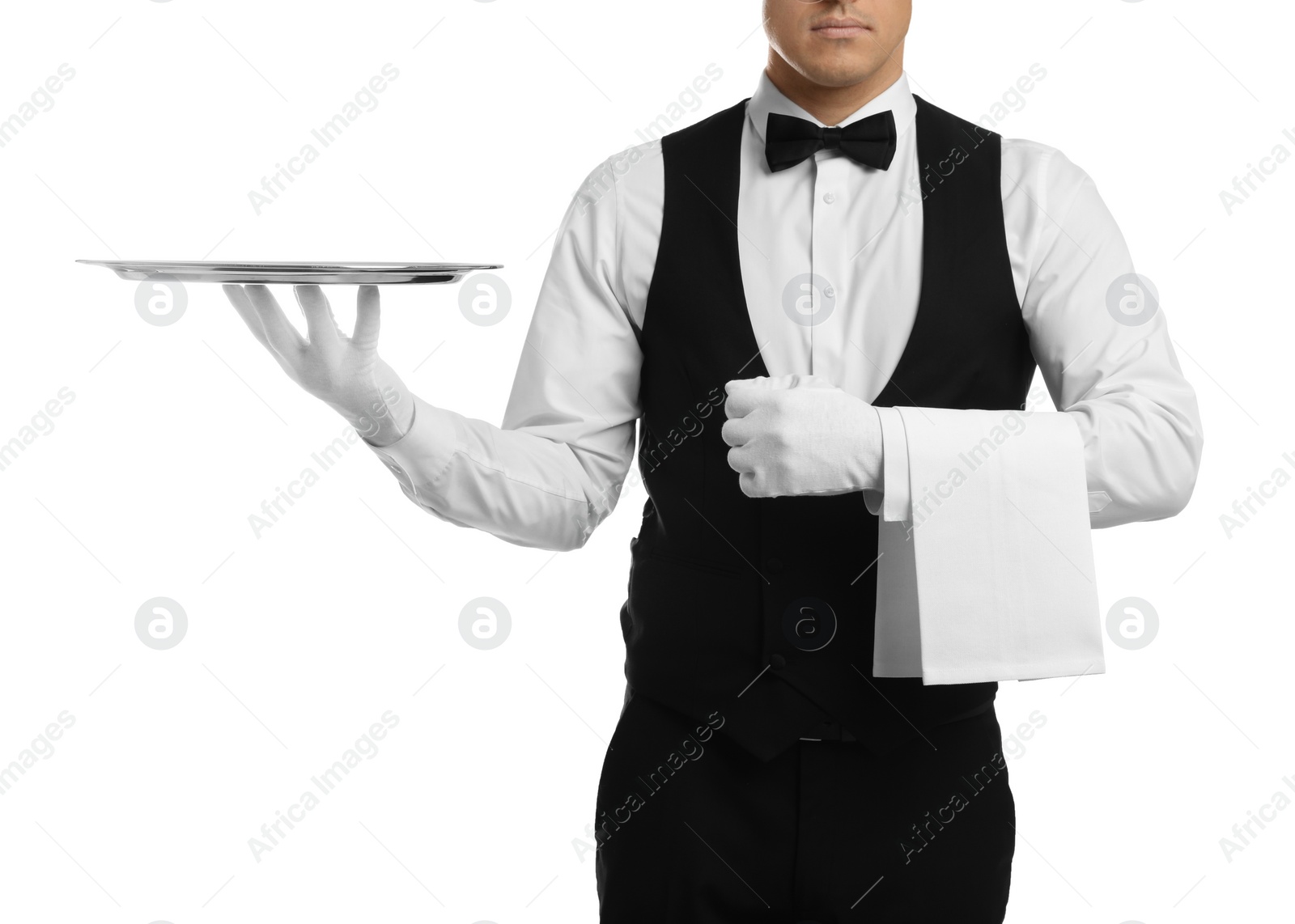 Elegant butler holding silver tray isolated on white, closeup Photo of Elegant butler holding silver tray isolated on white, closeup
