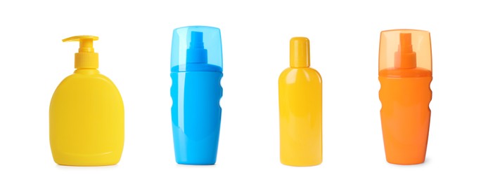 Set with different containers of sunscreen cream on white background Image of Set with different containers of sunscreen cream on white background
