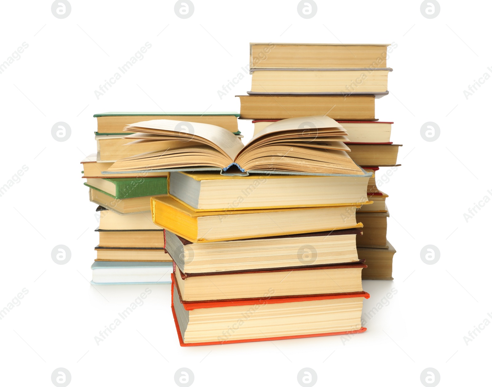 Lots of library books on white background Photo of Lots of library books on white background