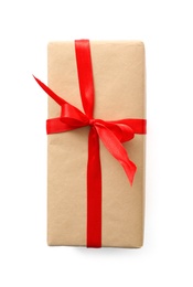 Christmas gift box decorated with red bow isolated on white, top view Photo of Christmas gift box decorated with red bow isolated on white, top view