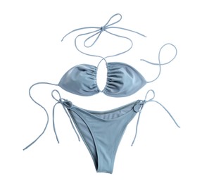 Photo of Stylish blue bikini on white background, top view