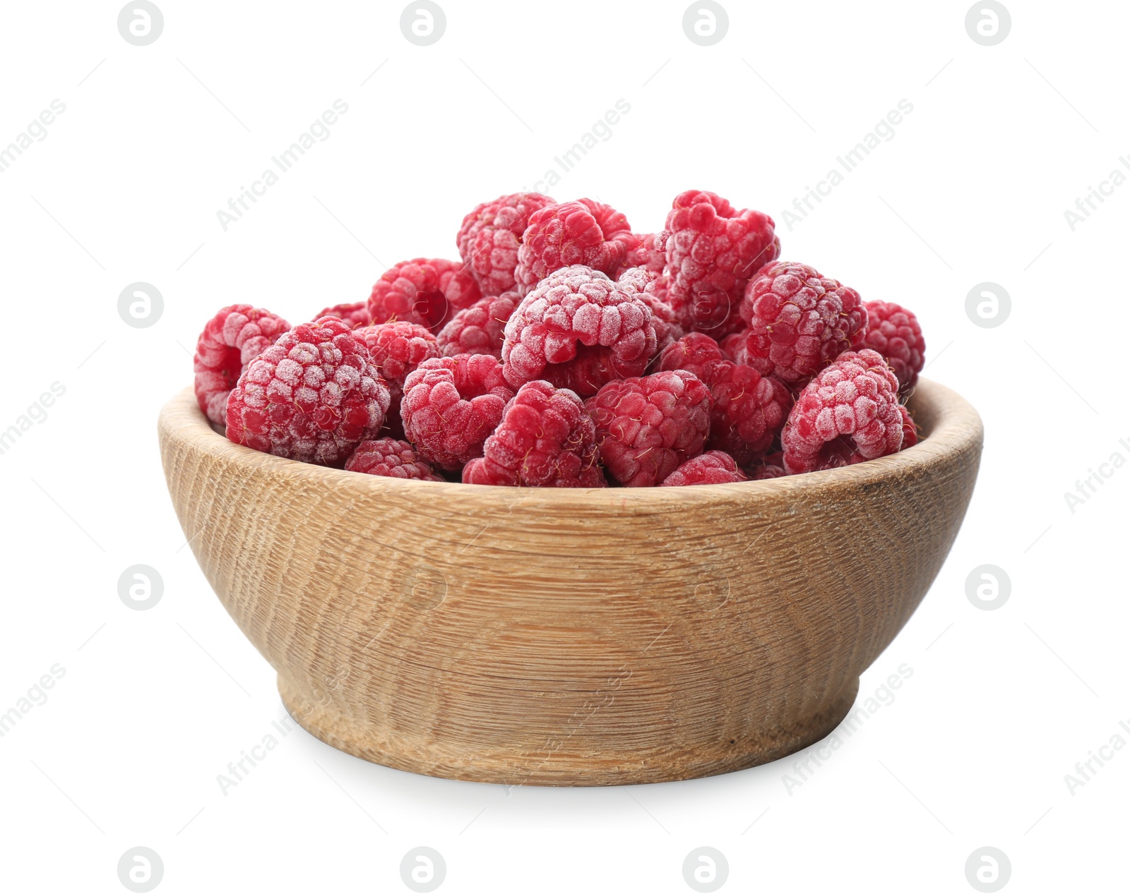 Tasty frozen raspberries in wooden bowl isolated on white Photo of Tasty frozen raspberries in wooden bowl isolated on white