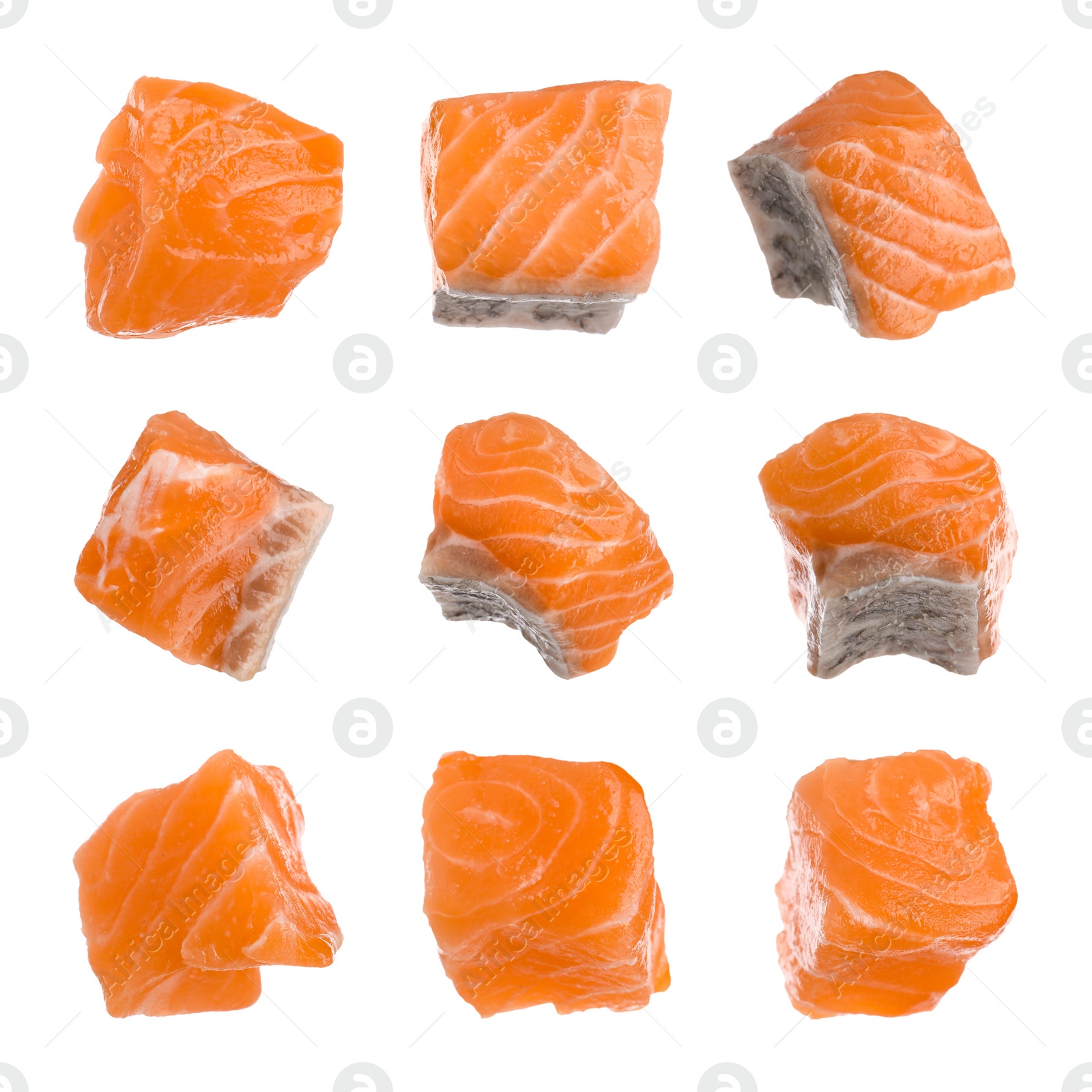 Set with pieces of fresh raw salmon on white background. Fish delicacy Image of Set with pieces of fresh raw salmon on white background. Fish delicacy