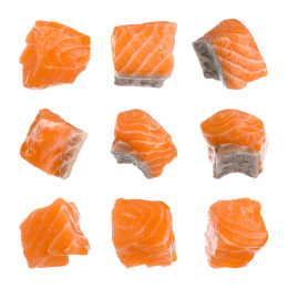 Set with pieces of fresh raw salmon on white background. Fish delicacy Image of Set with pieces of fresh raw salmon on white background. Fish delicacy