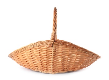 Photo of Wicker basket with handle isolated on white