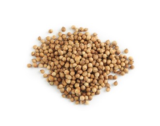 Heap of dried coriander seeds on white background, top view Photo of Heap of dried coriander seeds on white background, top view