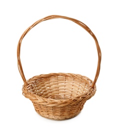 Empty wicker basket isolated on white. Easter item Photo of Empty wicker basket isolated on white. Easter item