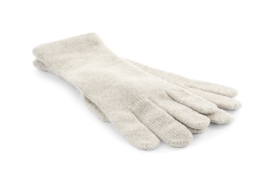Pair of woolen gloves on white background. Winter clothes Photo of Pair of woolen gloves on white background. Winter clothes