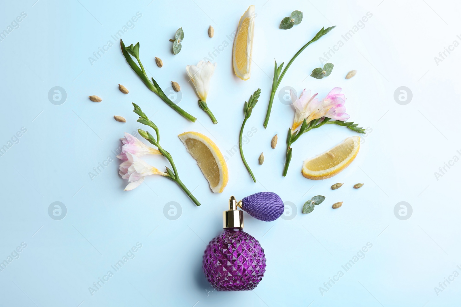 Beautiful composition with bottle of perfume, lemon and flowers on white background, flat lay Photo of Beautiful composition with bottle of perfume, lemon and flowers on white background, flat lay