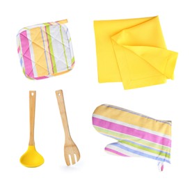 Set with different kitchen utensils and oven glove on white background, top view Image of Set with different kitchen utensils and oven glove on white background, top view