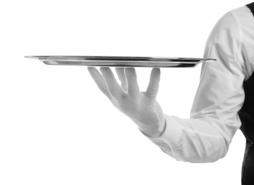 Elegant butler holding silver tray isolated on white, closeup Photo of Elegant butler holding silver tray isolated on white, closeup