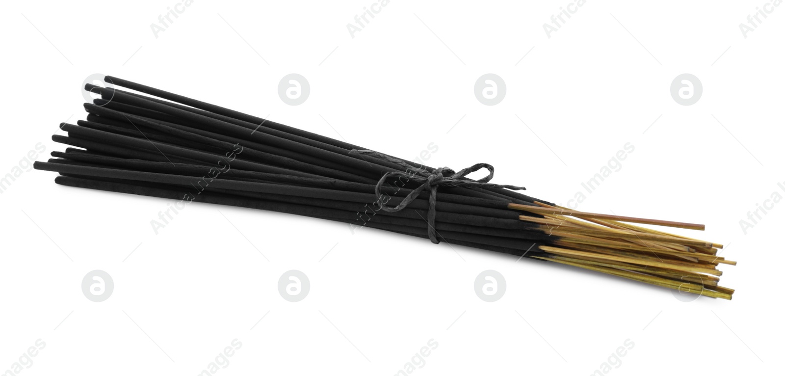 Many aromatic incense sticks tied with twine on white background Photo of Many aromatic incense sticks tied with twine on white background