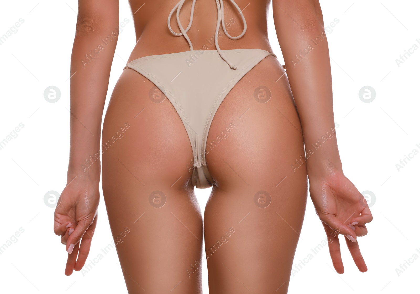 Woman in stylish bikini on white background, closeup Photo of Woman in stylish bikini on white background, closeup