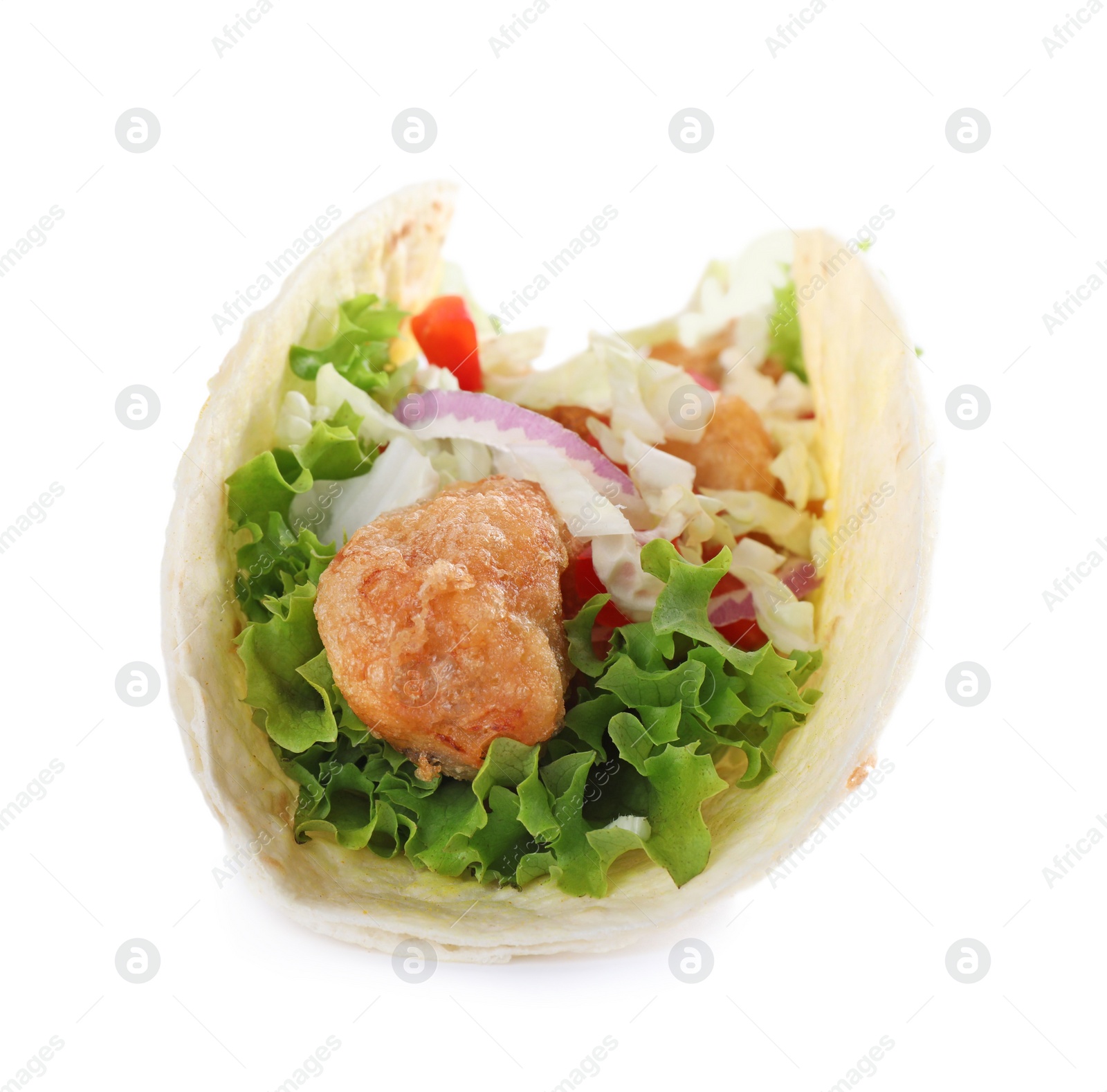 Yummy fish taco with onion isolated on white Photo of Yummy fish taco with onion isolated on white