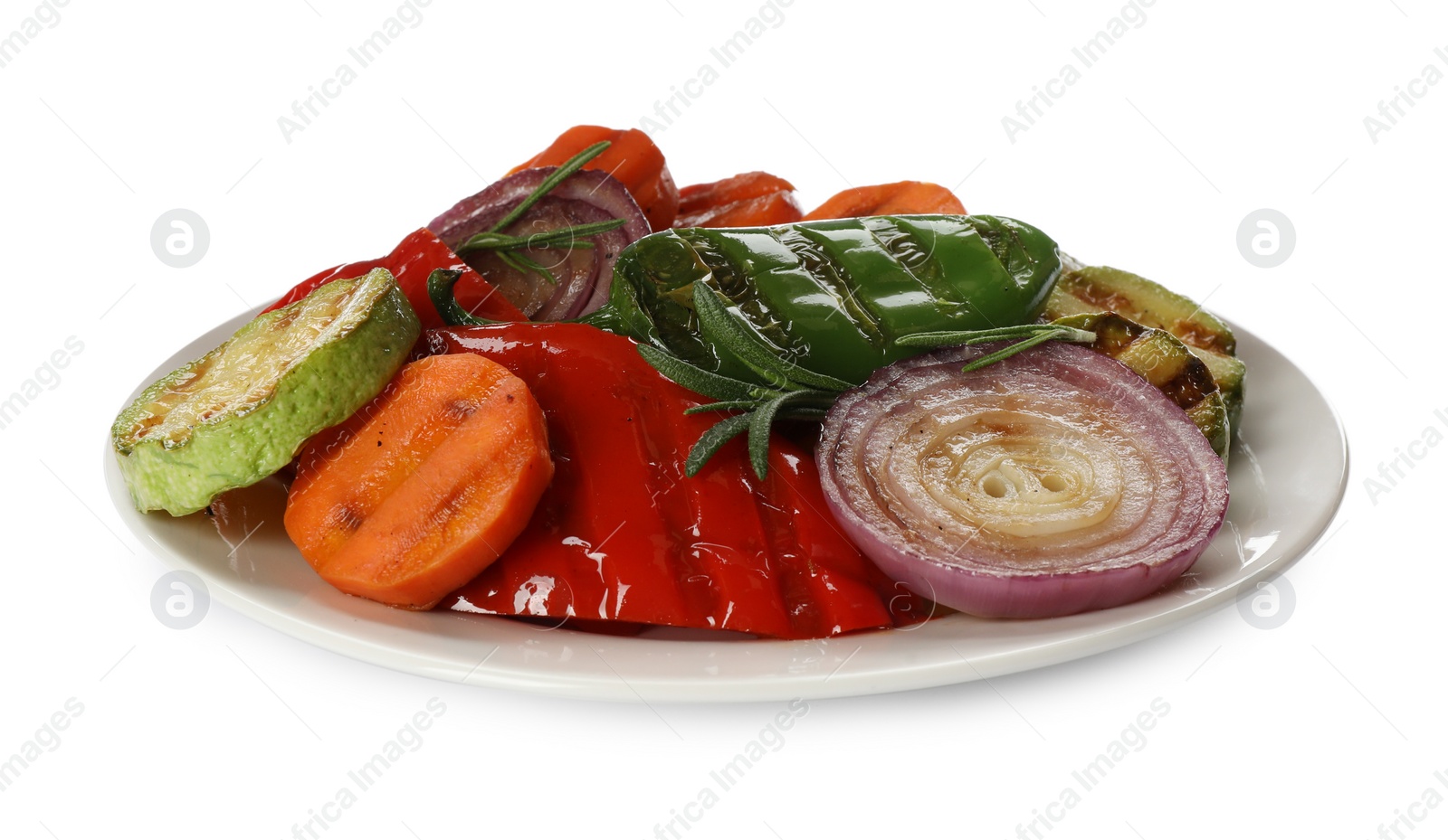 Different delicious grilled vegetables on white background Photo of Different delicious grilled vegetables on white background