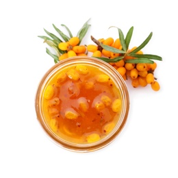Delicious sea buckthorn jam in jar and fresh berries on white background, top view Photo of Delicious sea buckthorn jam in jar and fresh berries on white background, top view