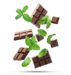 Milk chocolate pieces and mint falling on white background Image of Milk chocolate pieces and mint falling on white background