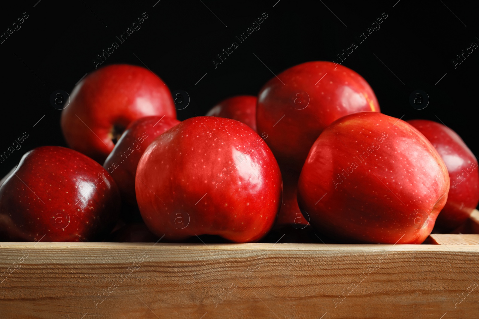 Wooden crate with fresh red apples on black background, closeup Photo of Wooden crate with fresh red apples on black background, closeup